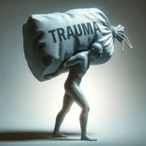 A person struggling with the weight of trauma, visibly burdened, holding it on their head as they face a difficult emotional journey.