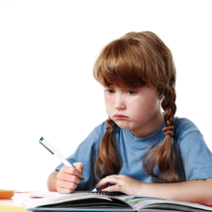 sad girl with a pencil, maybe suffering from childhood trauma